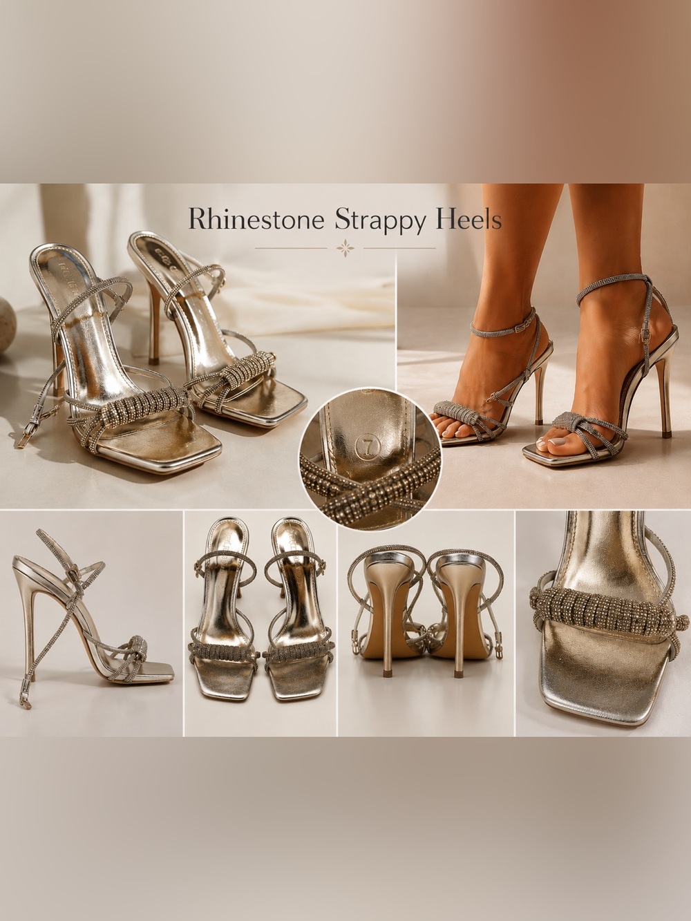 Rhinestone Strappy Heels in Metallic Gold - Women's Dress Sandals